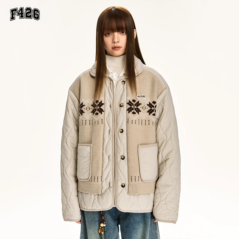 【棉服系列】 F426春秋宽松休闲毛织拼接葫芦格薄款棉服外套6344