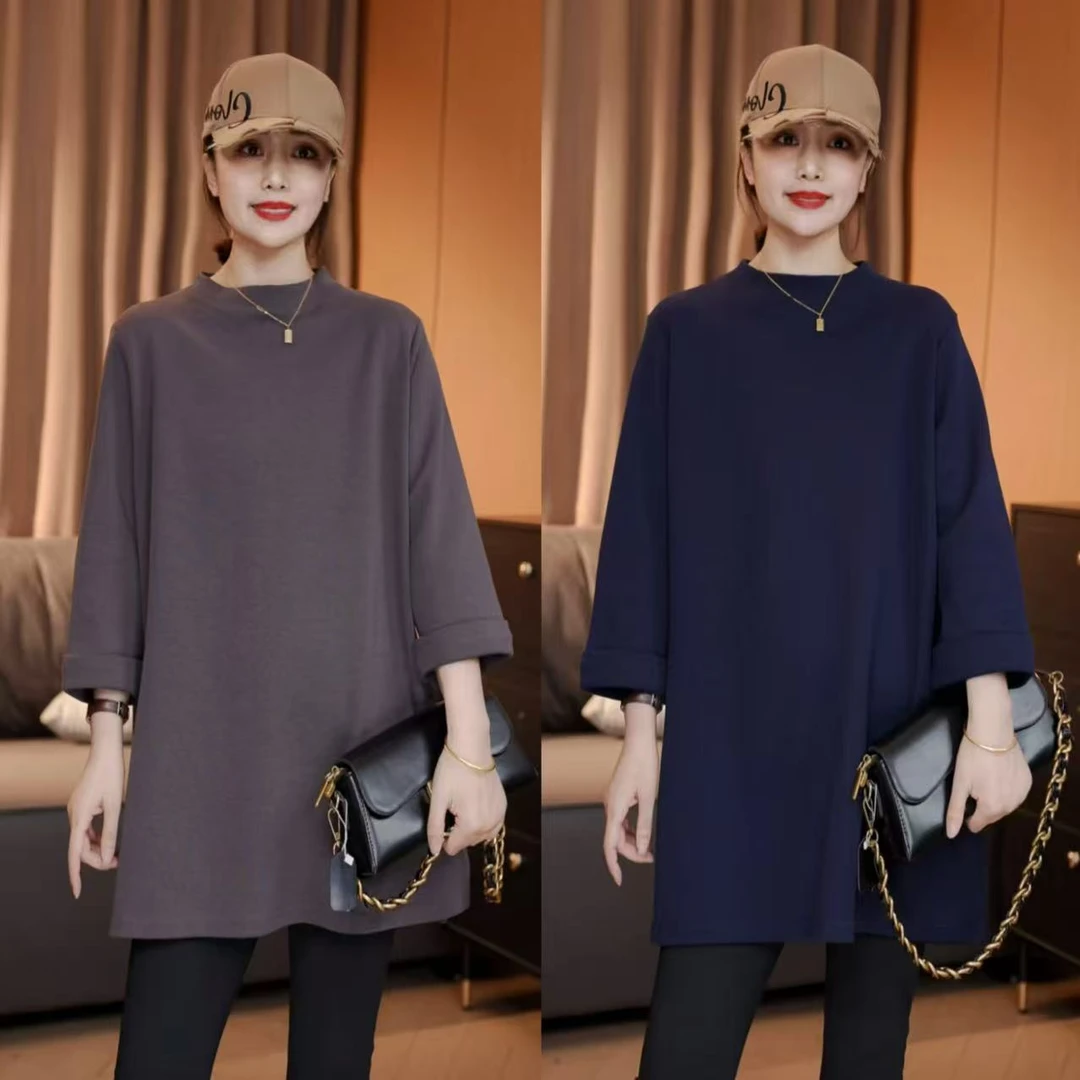 早秋新款 气质半高领八分卷边袖口宽松开叉T恤气质遮肉百搭上衣