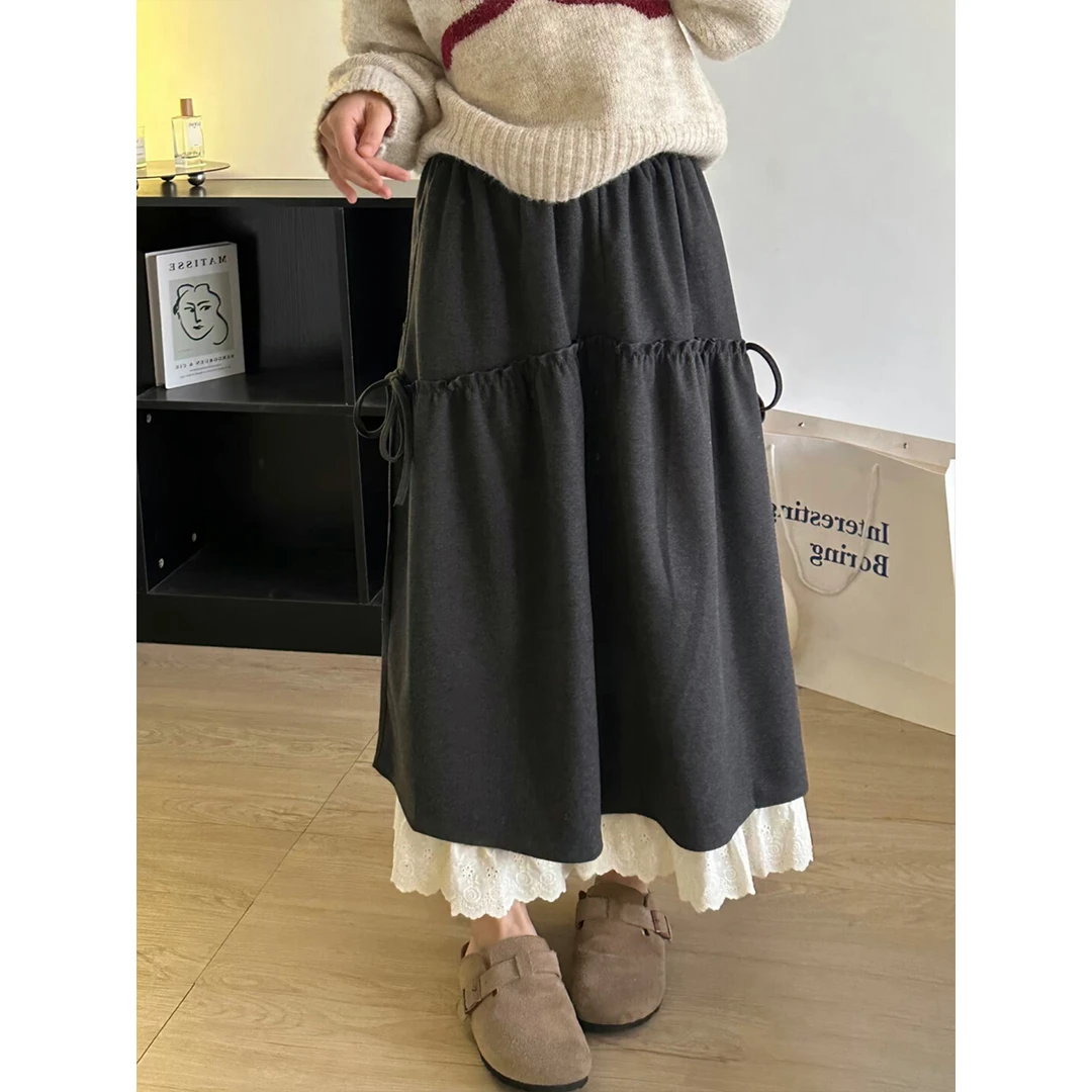 灰色设计感拼接蕾丝半身裙女秋季毛呢胖mm长裙高腰显瘦韩系a字裙