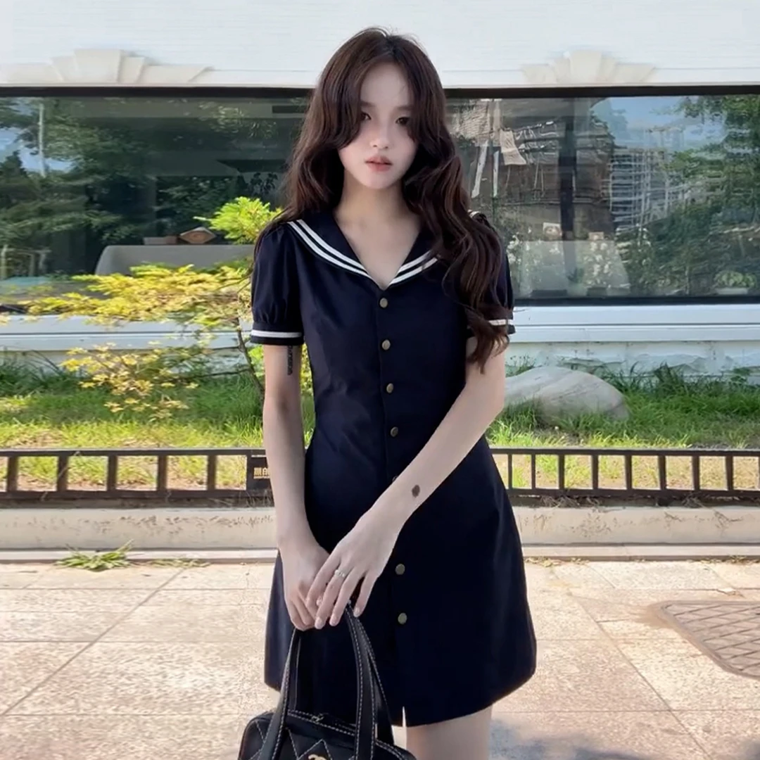 4656法式学院风海军领连衣裙子女夏季2025新款爆款小个子漂亮短裙
