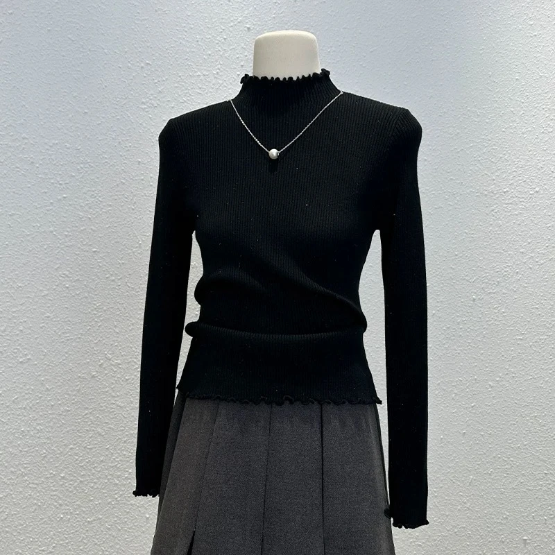 MY260 设计感针织长袖t恤女秋冬时尚木耳边打底衫独特链条上衣