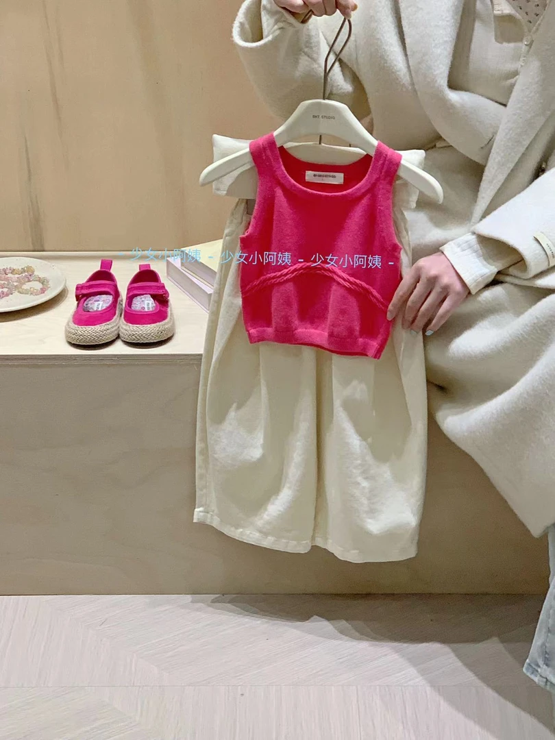 女童韩版火龙果色背心2025夏季童装新款儿童洋气纯棉灯笼裤套装