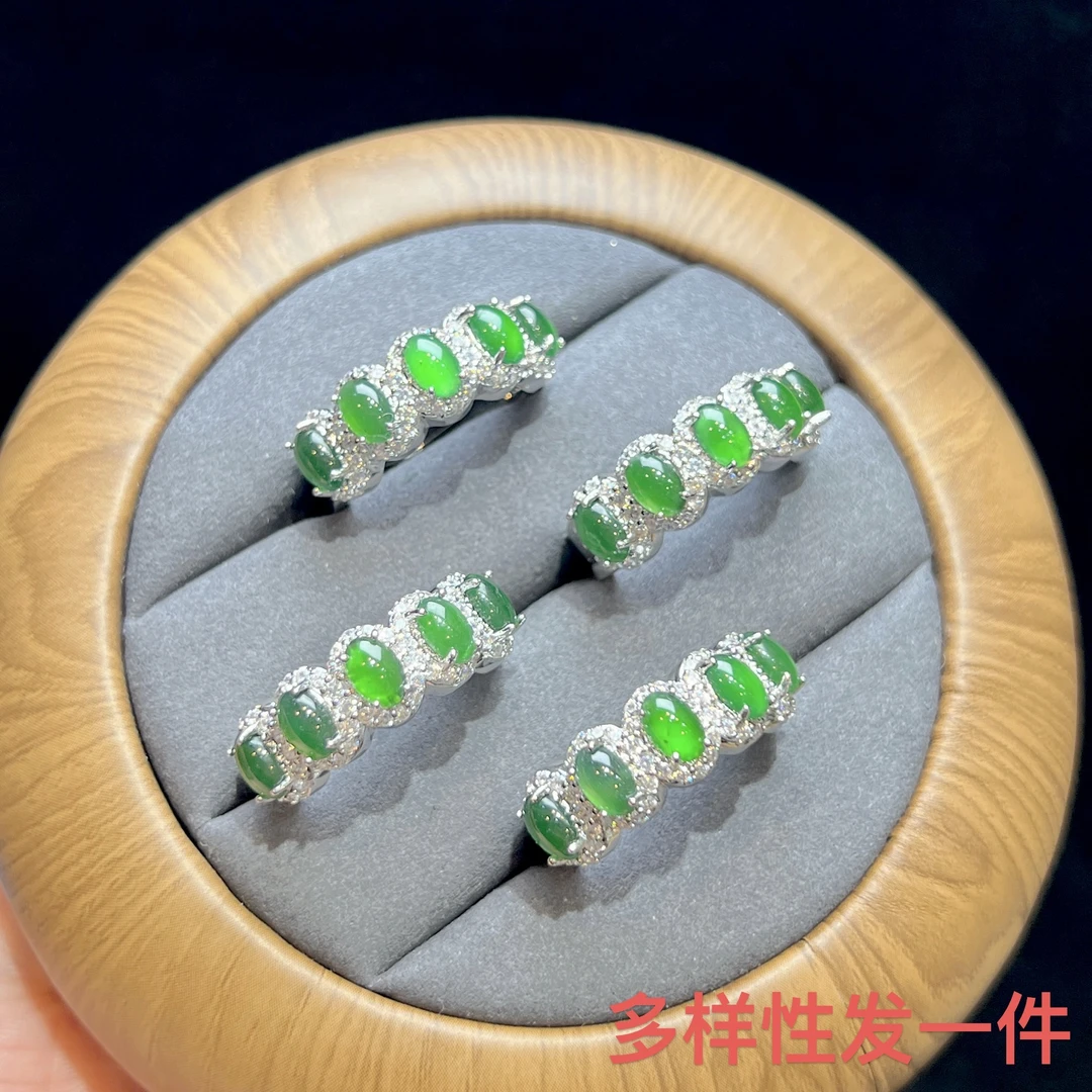 【红旭玉麟】天然翡翠A货满绿蛋面戒指开口戒  多样性发一件