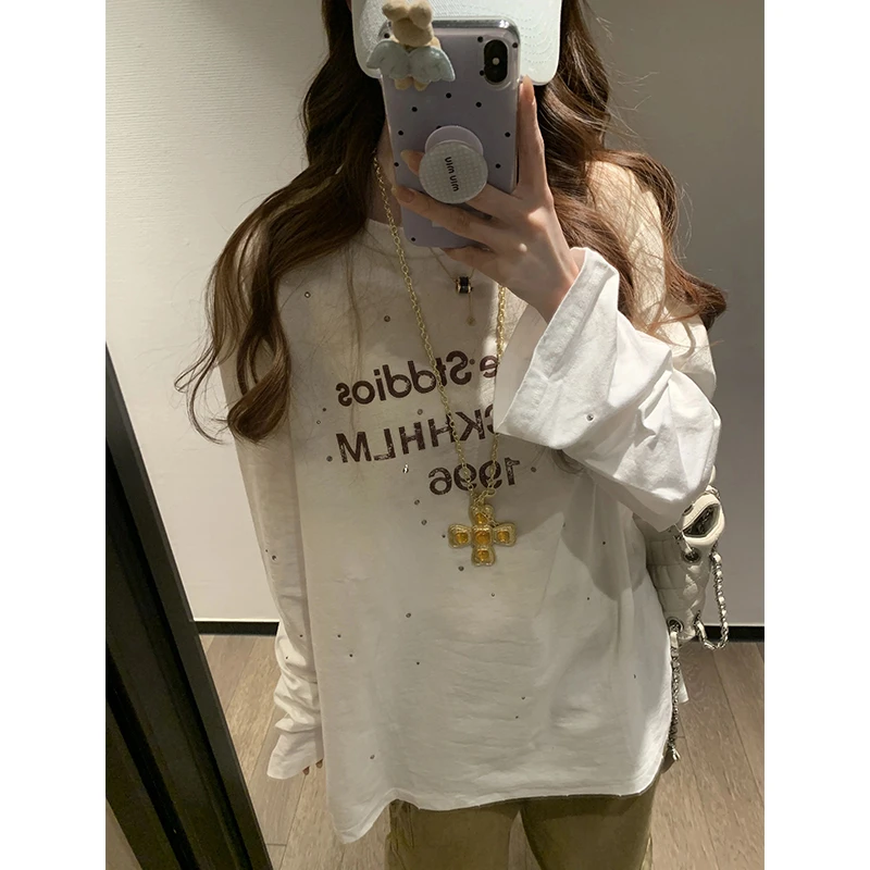 慵懒春日浠儿春秋镶砖字母长袖T恤女白色小众宽松ins百搭韩版圆领