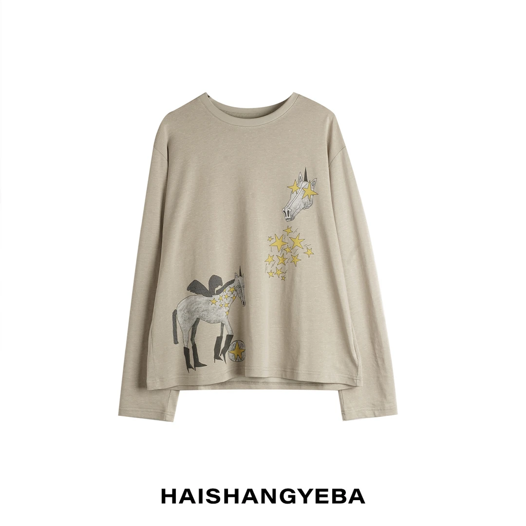 【海上叶爸】新款2025秋冬百搭棉圆领套头小马图案休闲T恤
