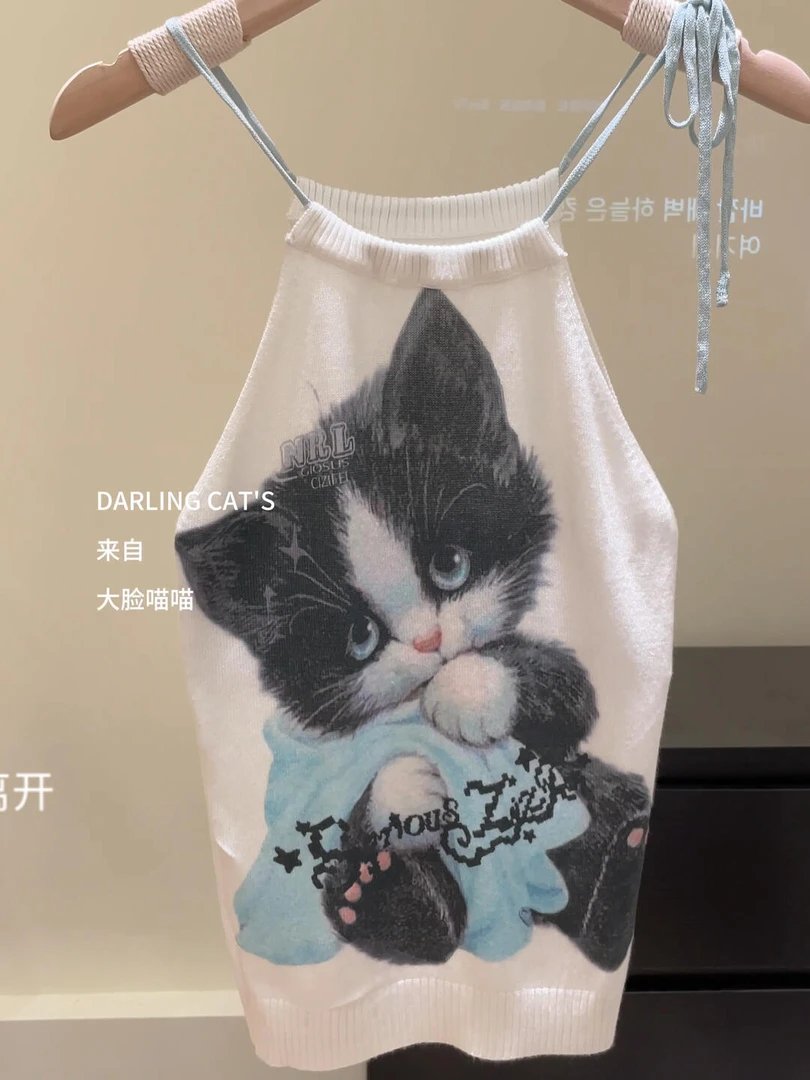 小众设计感猫咪印花白色无袖上衣女夏季新款系带挂脖针织吊带背心