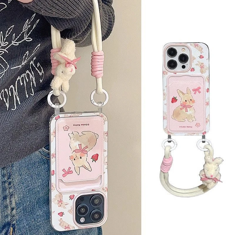 白鹿同款可爱蝴蝶结兔子苹果15手机壳iPhone16promax挂绳14卡通13