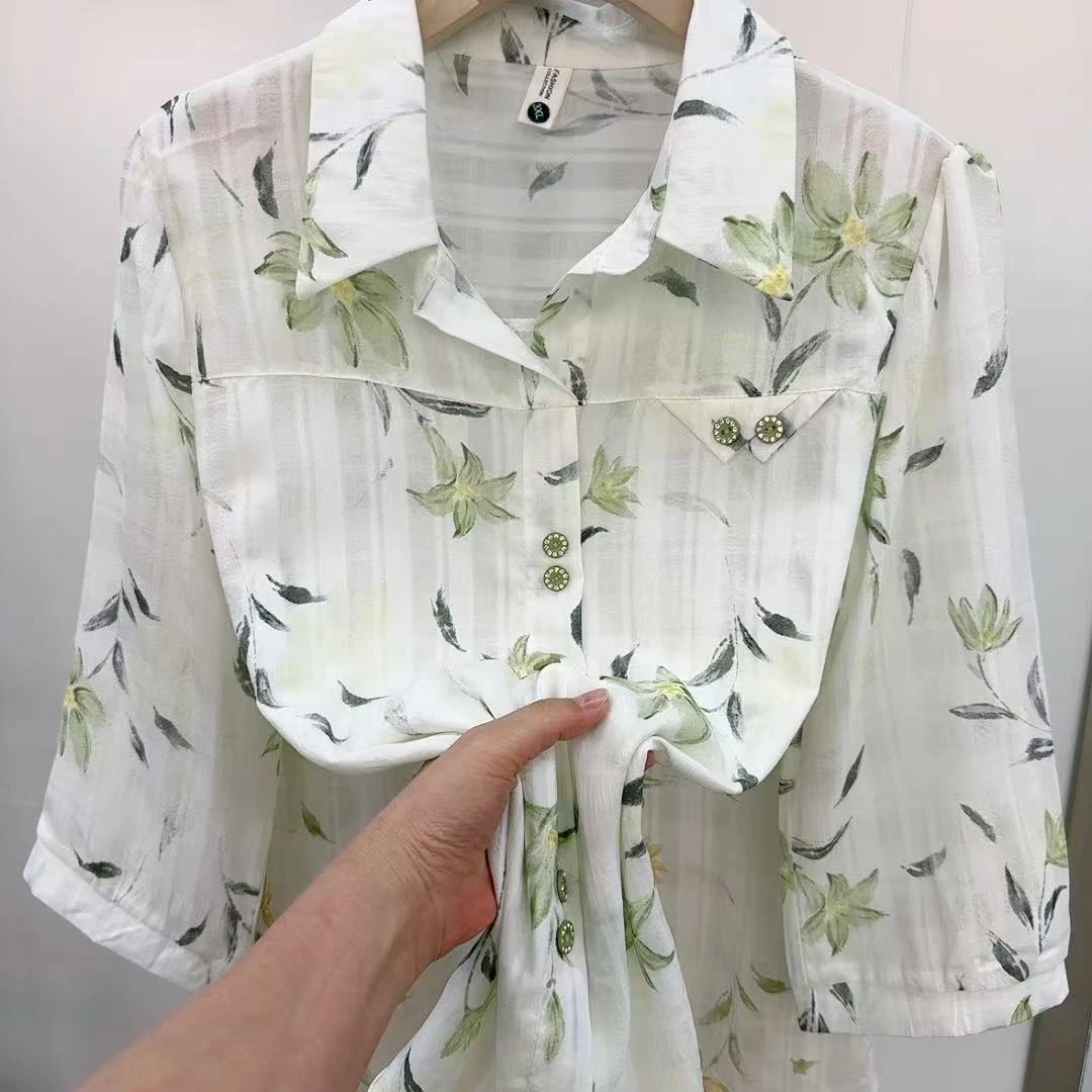 新中式七分袖套头款衬衫新款夏季宽松气质时尚碎花雪纺衫上衣女