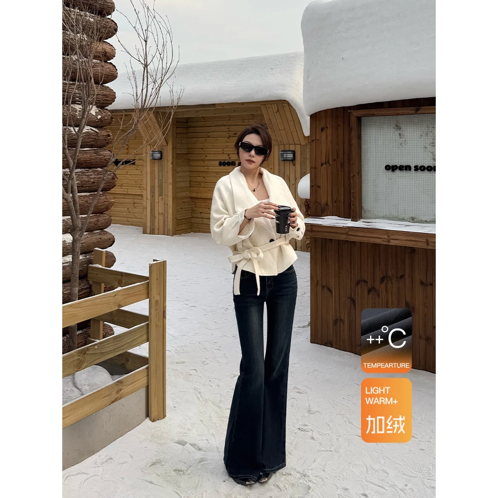 三颗金鑫•25年加绒不贴腿微喇蓝灰色中高腰气质牛仔裤微喇裤女