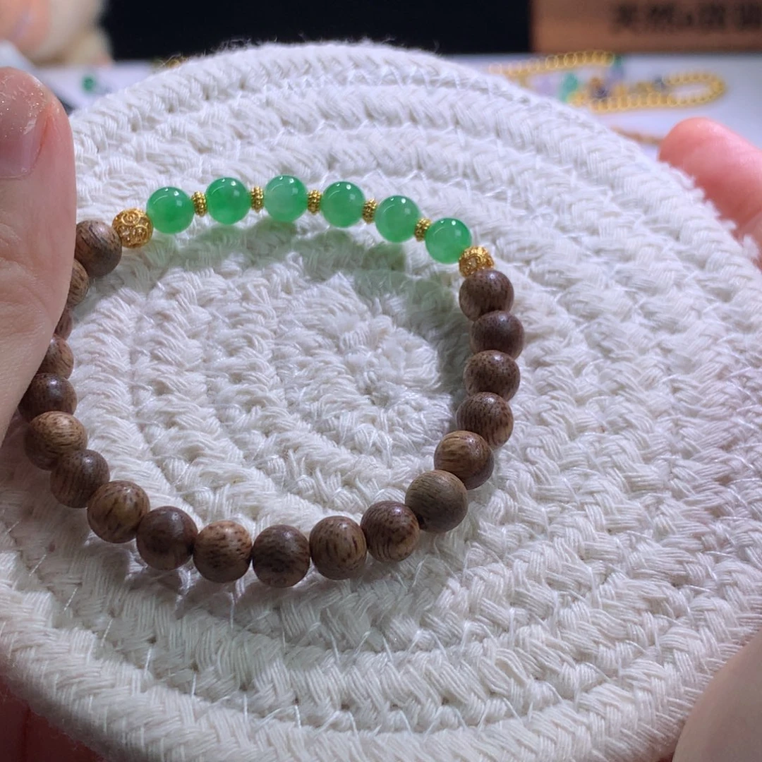 翡翠散珠满绿手链银镀金