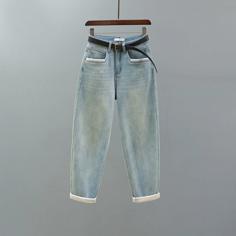 复古浅蓝色高腰哈伦牛仔裤女2025秋冬加绒宽松休闲老爹萝卜裤垮裤