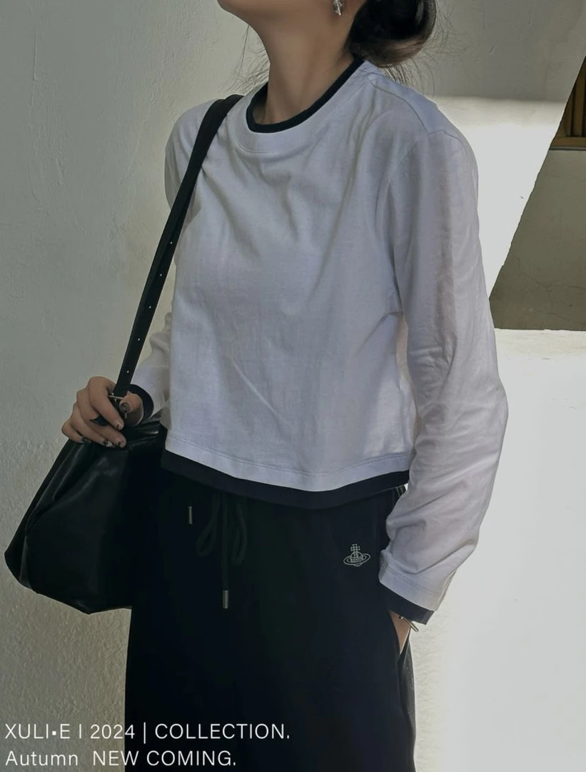 XULI'S EPOCH撞色边假两件长袖T恤·ct2096·发回拉黑