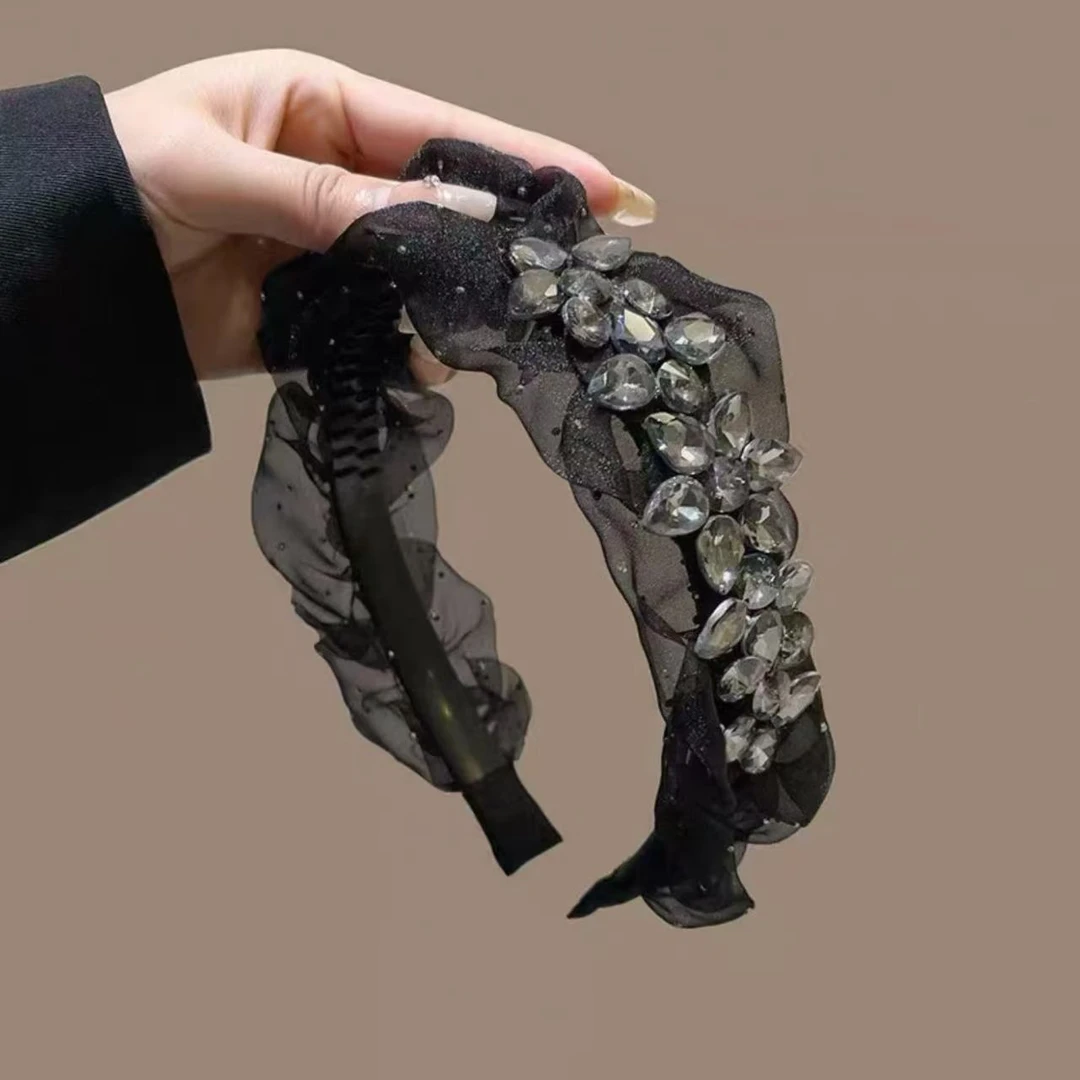 KQE/韩系超仙泡泡纱水钻发箍时尚百搭气质防滑头箍经典黑色头饰