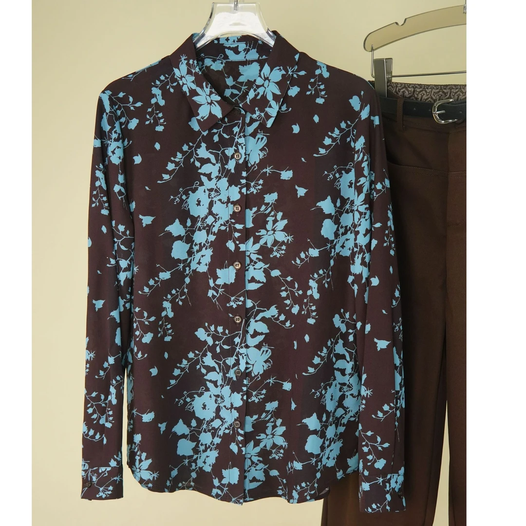 【蓝咖】长袖时尚印染修身型印花女士气质百搭秋季显瘦衬衫