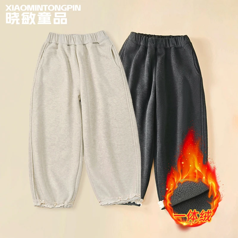 【现货】童装2025年儿童加绒束口百搭裤子女童花边裤脚休闲裤3C5389