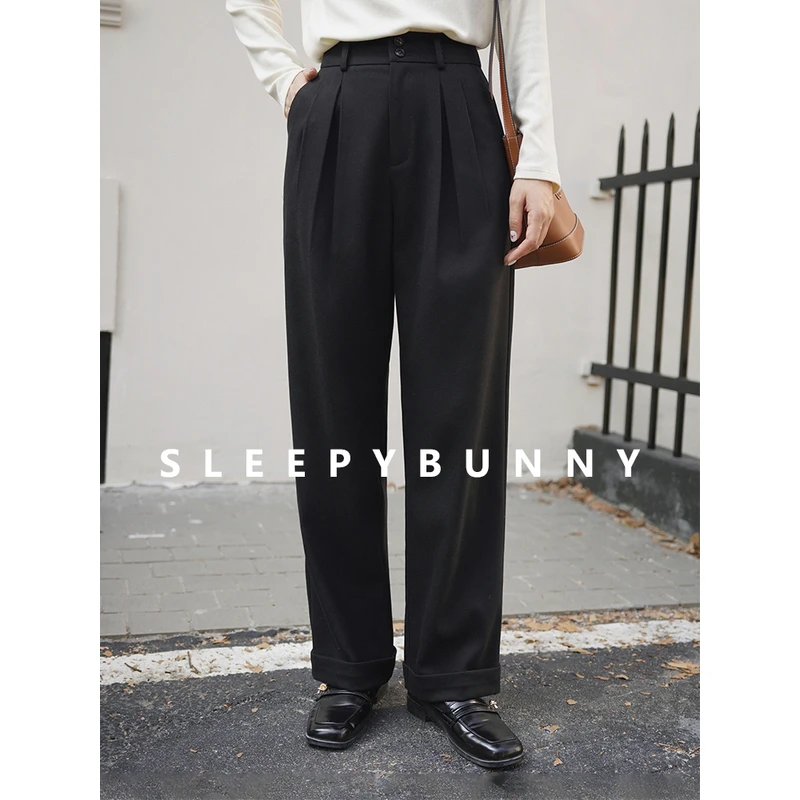 I瞌睡兔【清苍】高腰女冬软糯加厚防风保暖遮肉显瘦毛呢长裤230246