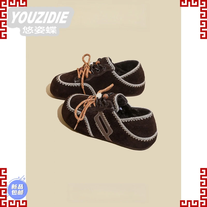 YOUZIDIE复古真皮两穿勃肯鞋女2025冬季新款软底加绒一脚蹬小众