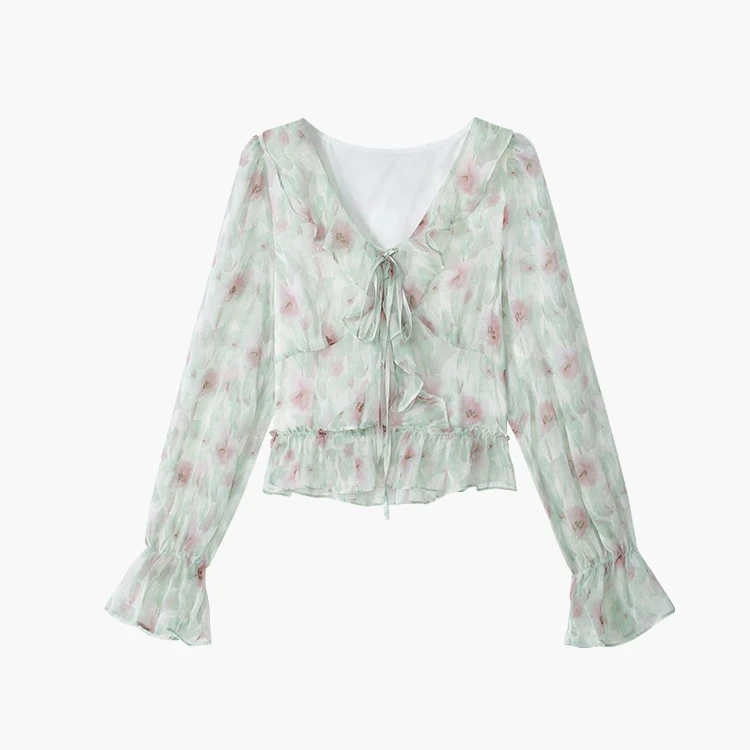 1【邱肉瑶清】[半城故事」早春浪漫法式荷叶边V领小衫长袖碎花