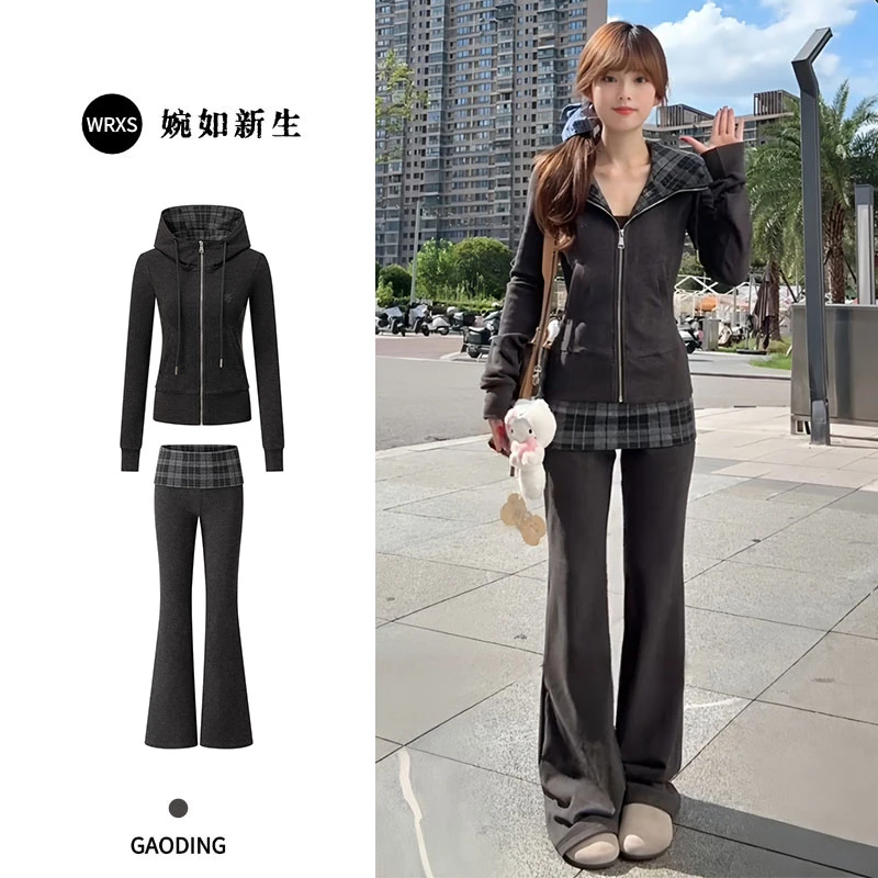 休闲运动套装女秋季修身显瘦格纹连帽卫衣外套微喇裤子韩系一整套