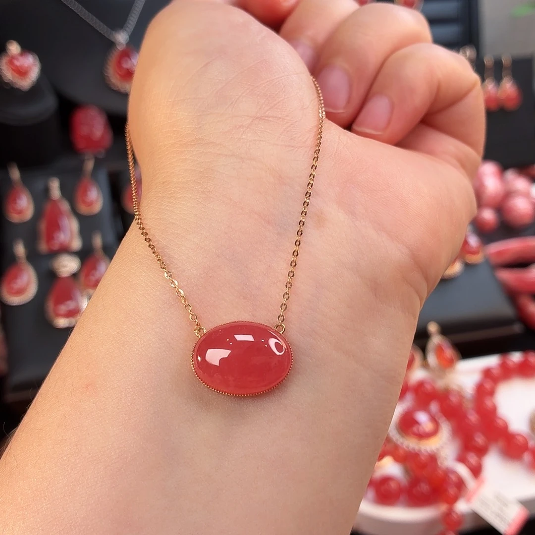 菱锰矿（红纹石）18K金镶嵌项链