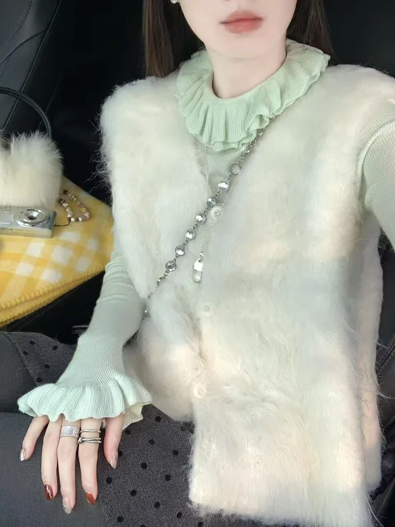 法式高级感毛绒绒软糯针织马甲女外穿保暖毛衣马夹半身裙三件套