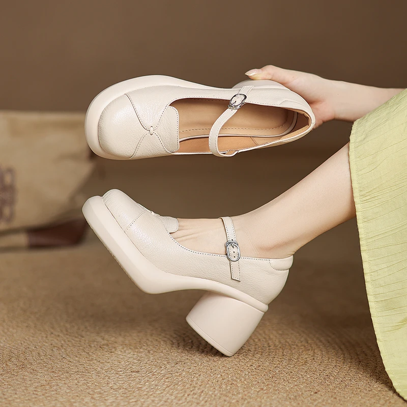 羊皮 7厘米 34-40 百搭真皮软底复古粗跟厚底法式一字带单鞋浅口