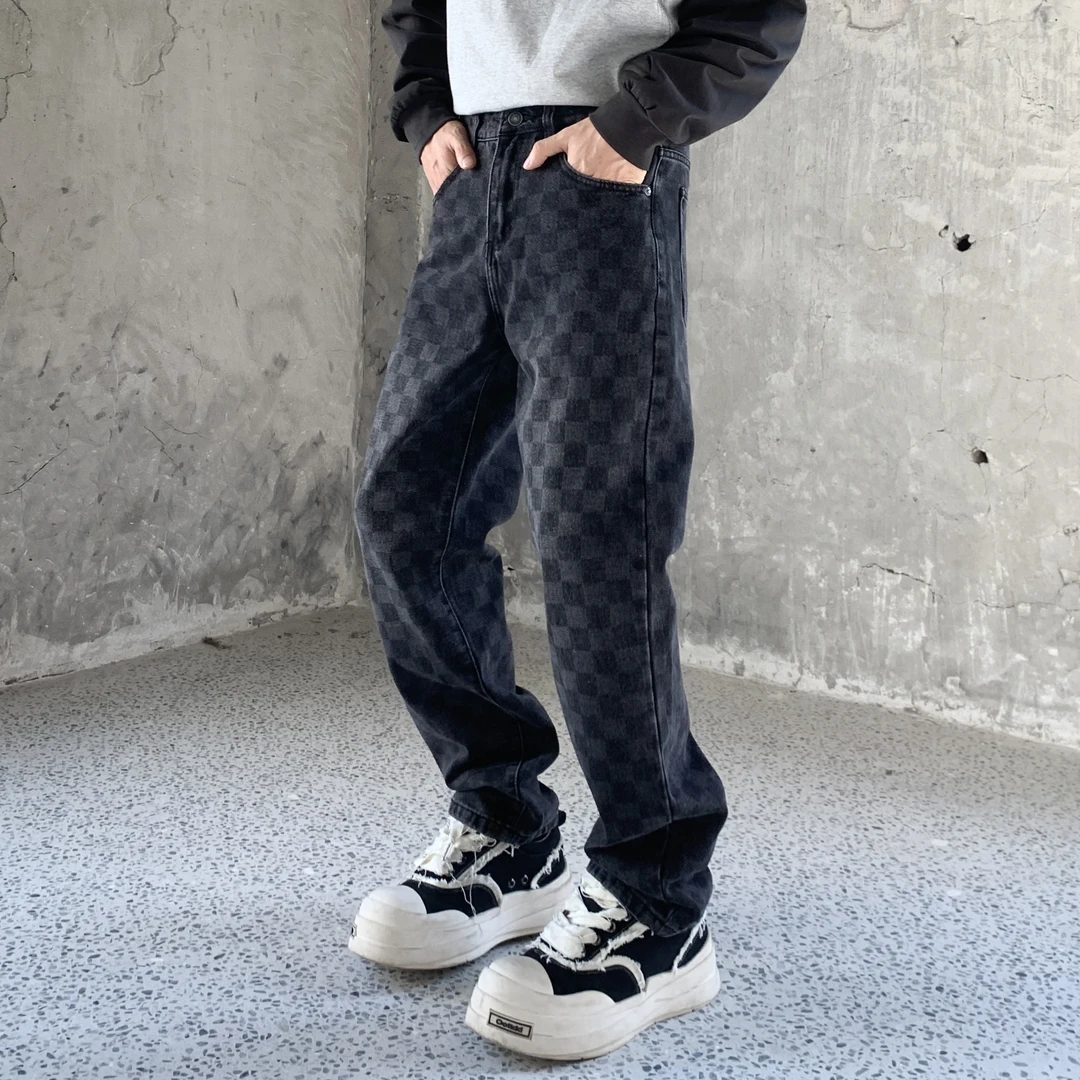 棋盘格牛仔裤男宽松直筒印花高街黑灰色显腿长休闲裤潮牌2025新款