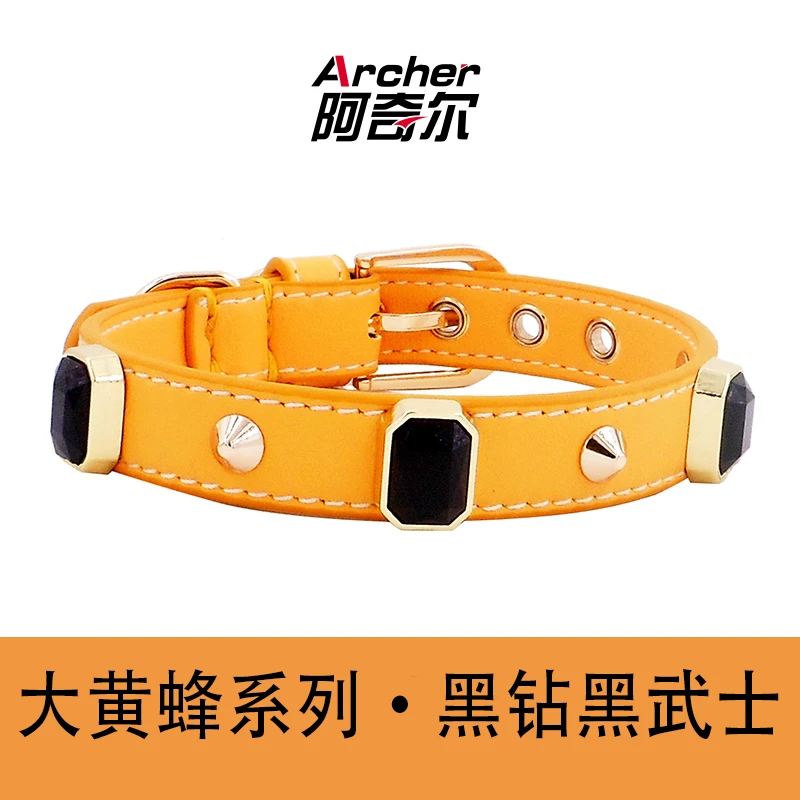 阿奇尔 大黄蜂黑钻黑武士头层牛皮宠物项圈