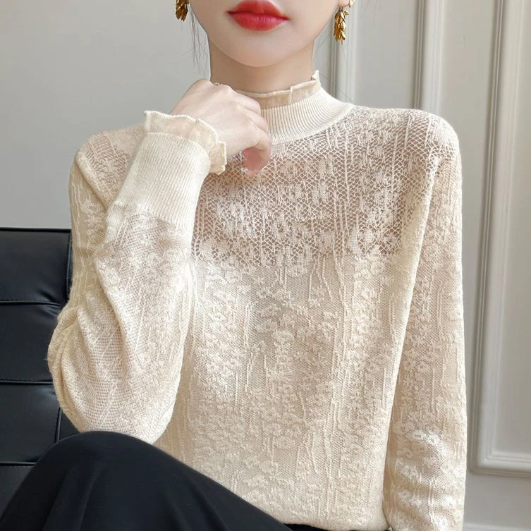 100%正品撤柜羊毛衫木耳边蕾丝针织衫毛衣春秋新款长袖打底衫上衣