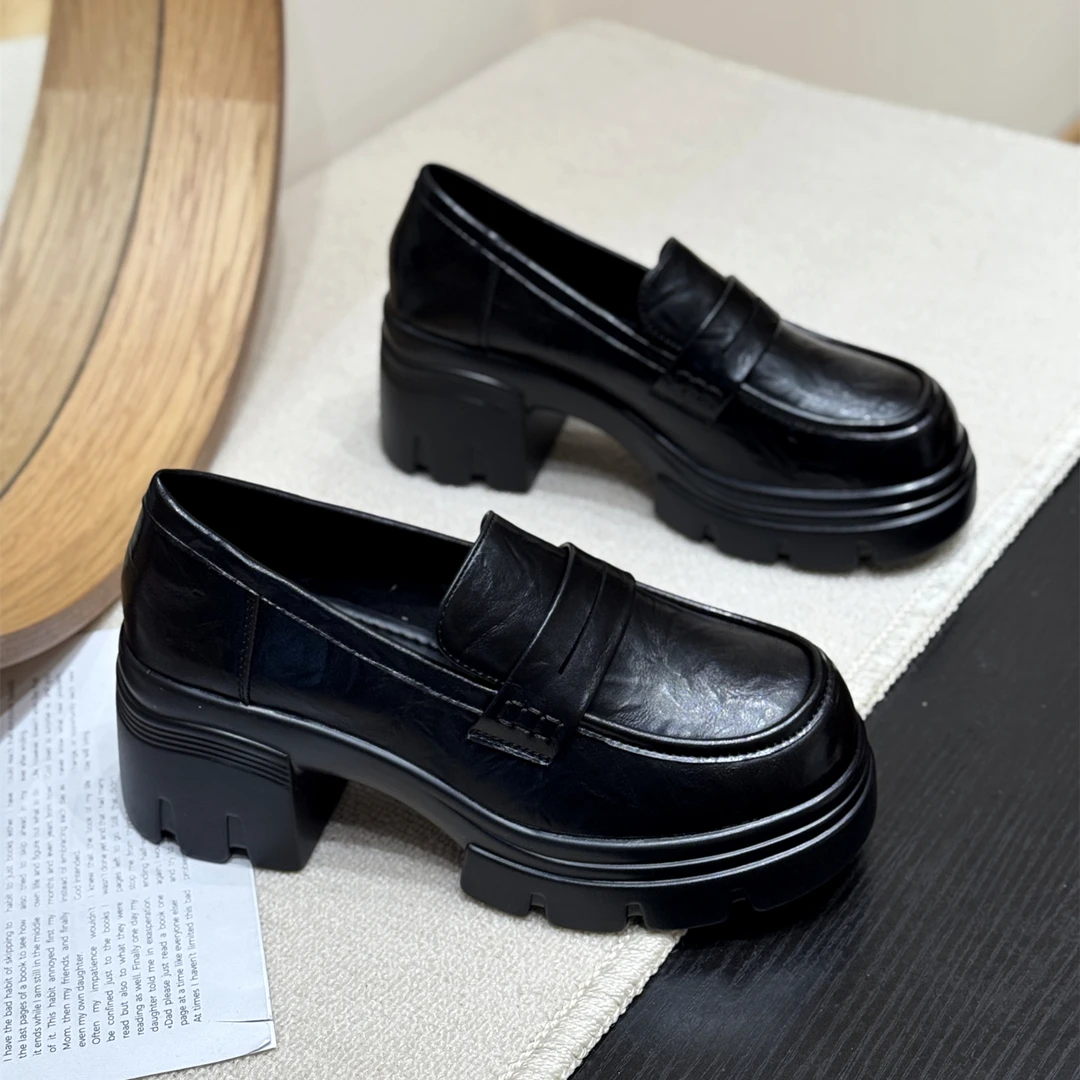 厚底jk一脚蹬松糕乐福鞋女2025新款秋英伦时髦小皮鞋粗跟软皮单鞋