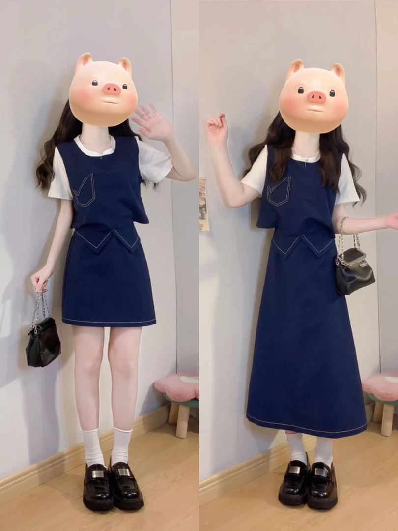 大码女装胖mm立体明线假两件后背排扣上衣加半身裙两件套女