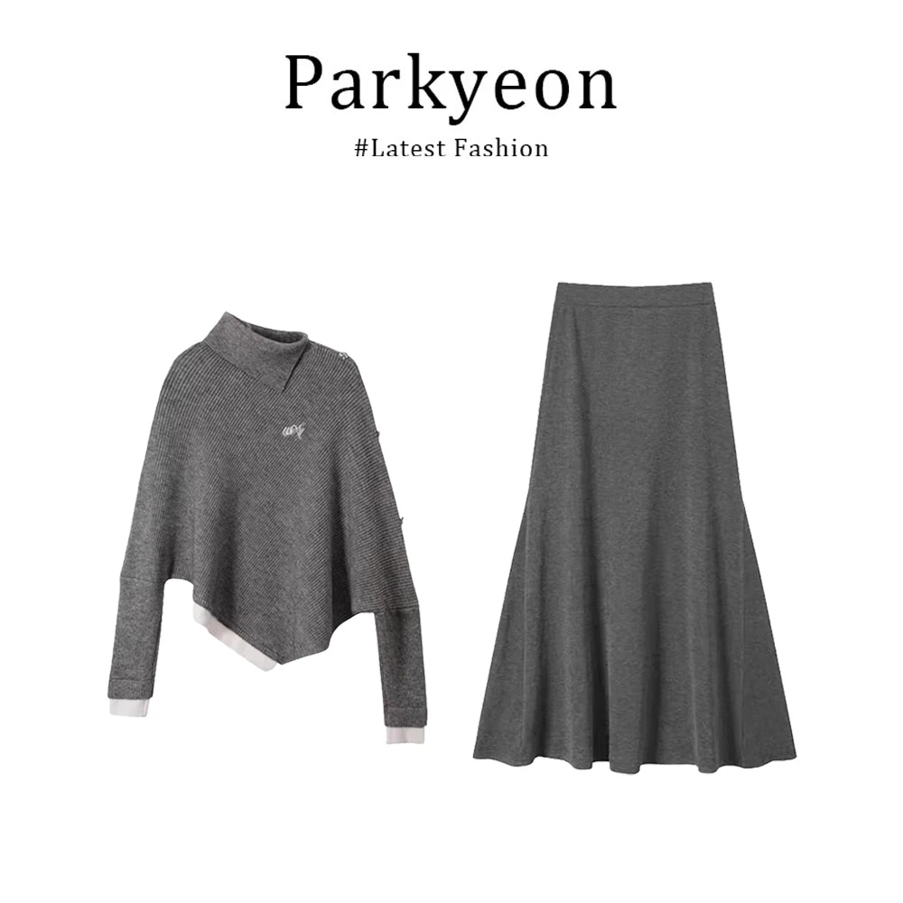 parkyeon氛围感不规则高领斗篷毛衣穿搭半身裙女秋冬新款两件套装
