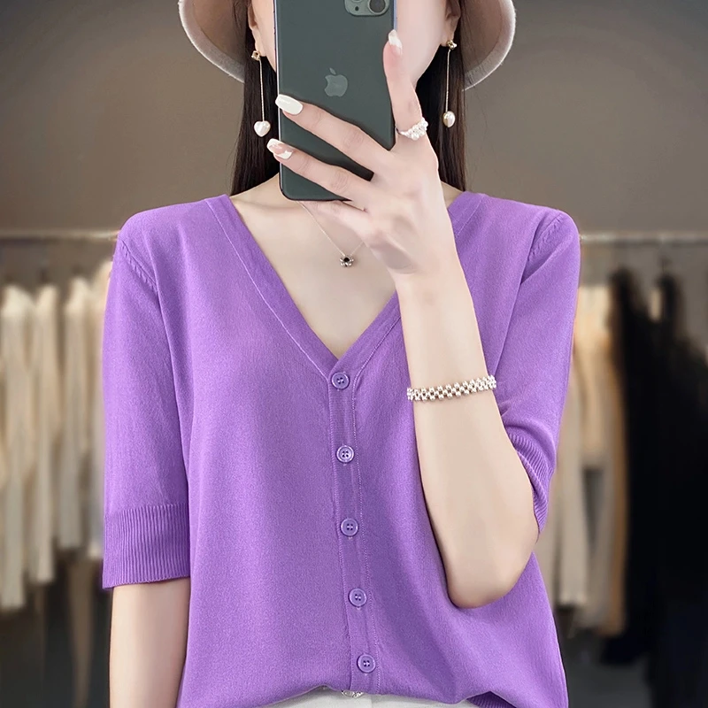 春夏中袖新款V领冰丝针织短袖开衫女夏季薄款