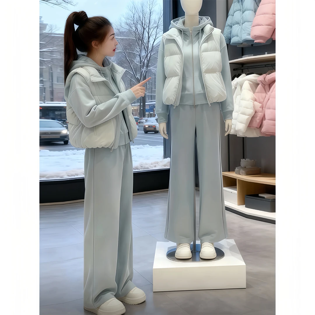 2026小众风格连帽三件套卫衣马甲阔腿裤休闲保暖秋冬时尚穿搭套装