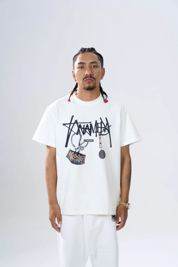 Lanameba藏式元素玫恰等配饰印花白色短袖