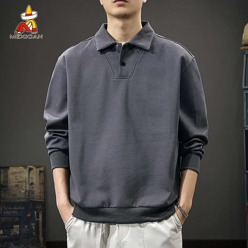 Mexican/稻草人春季简约翻领卫衣男款宽松大码休闲纯色长袖polo衫