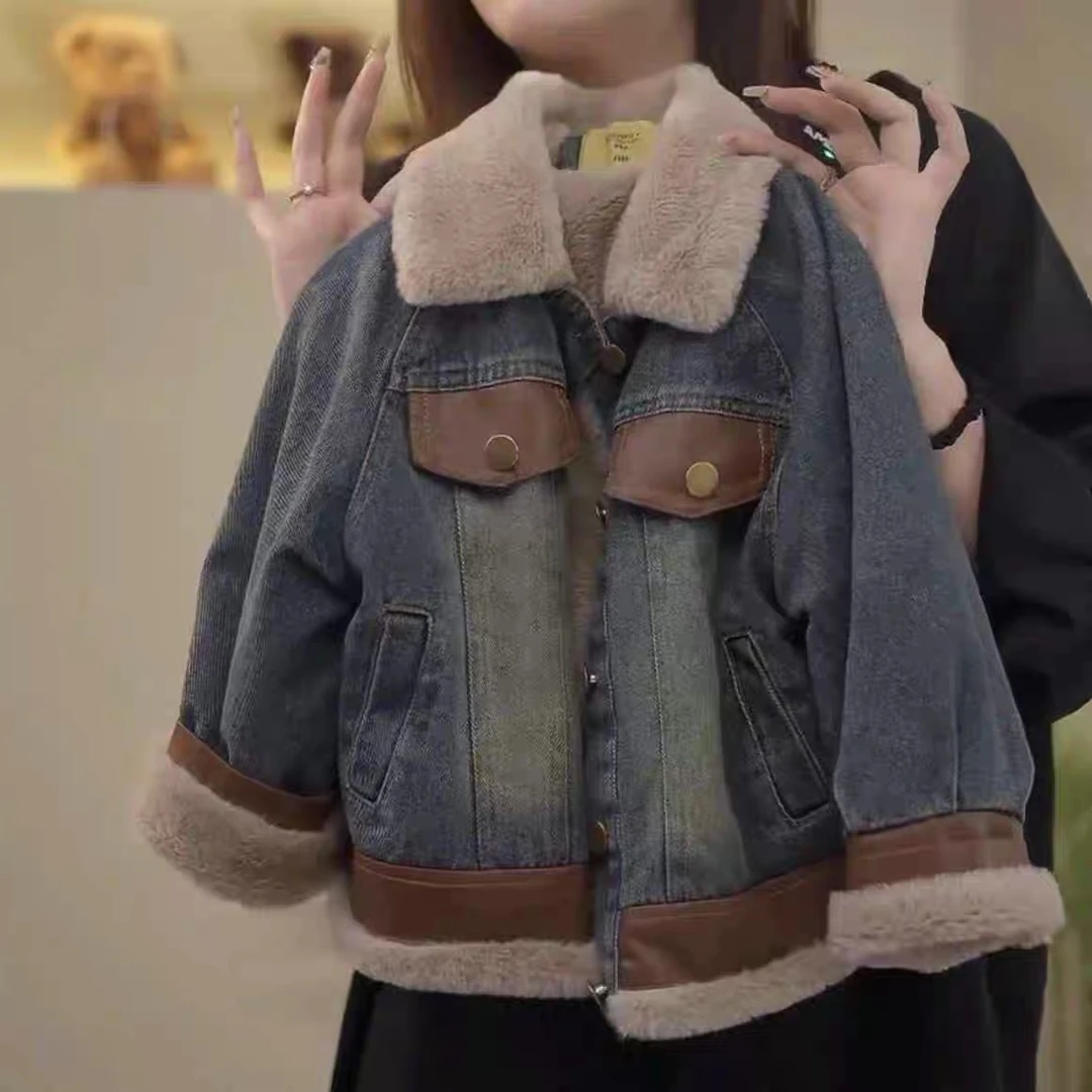 2546洋气时尚潮流百搭秋冬男女童加毛牛仔拼接外套