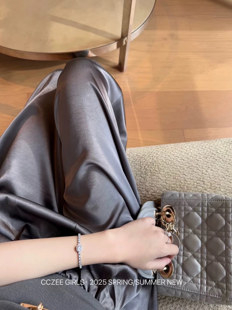 新款高级感显瘦百搭醋酸缎面松紧高腰休闲裤