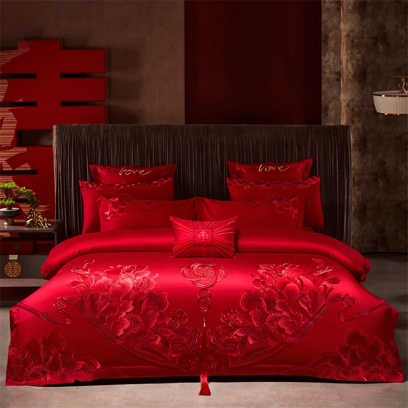 工厂直发【富贵荣华.红色】结婚四件套喜庆喜被大红色绣花床上用品