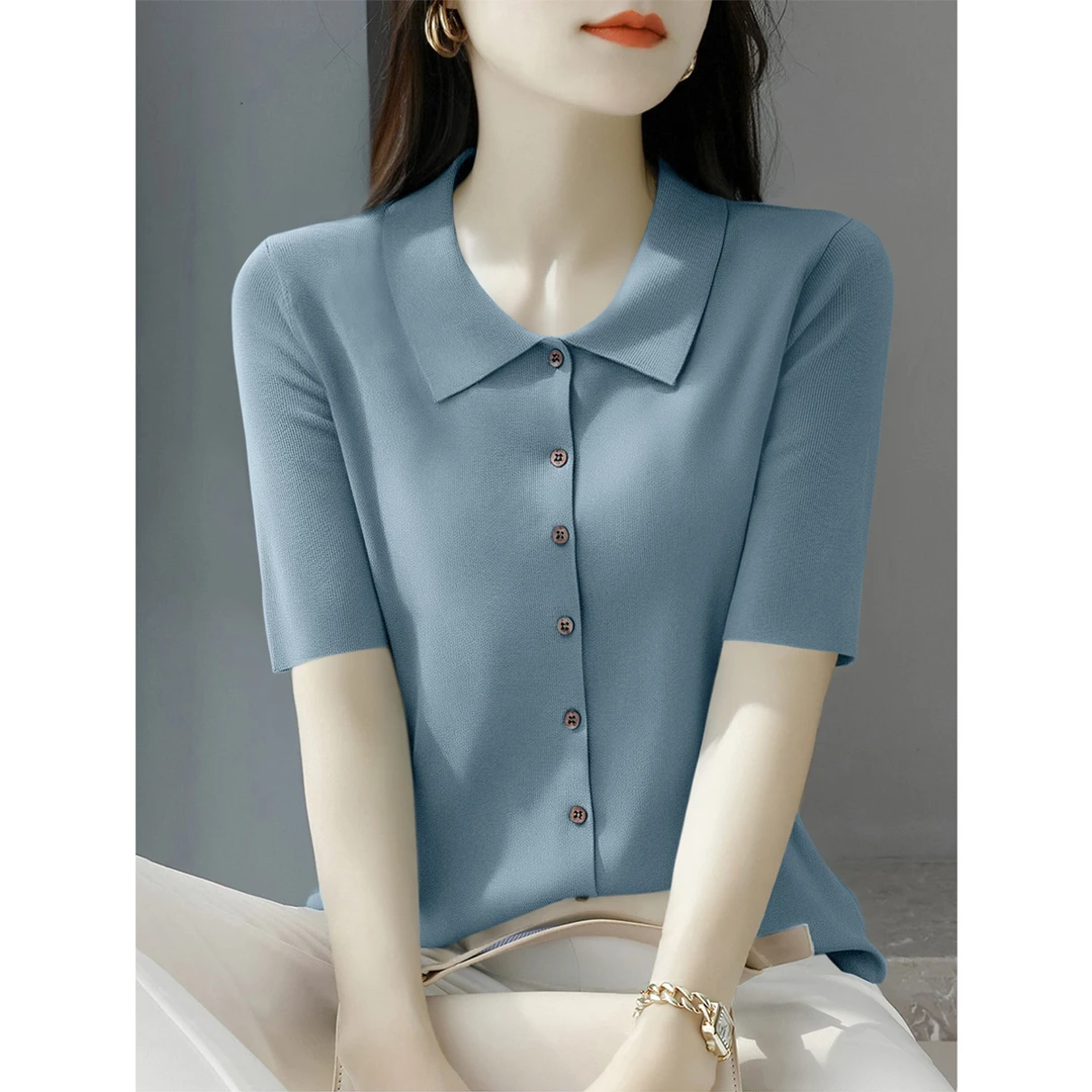 高级感短袖宽松百搭上衣女打底新款polo领夏季单排扣显瘦针织开衫