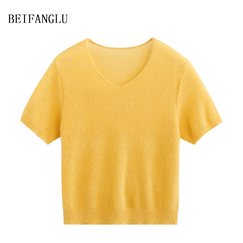 北方鹿【春日序调】康宝莱羊驼毛轻柔舒适春夏V领薄款针织短袖2583
