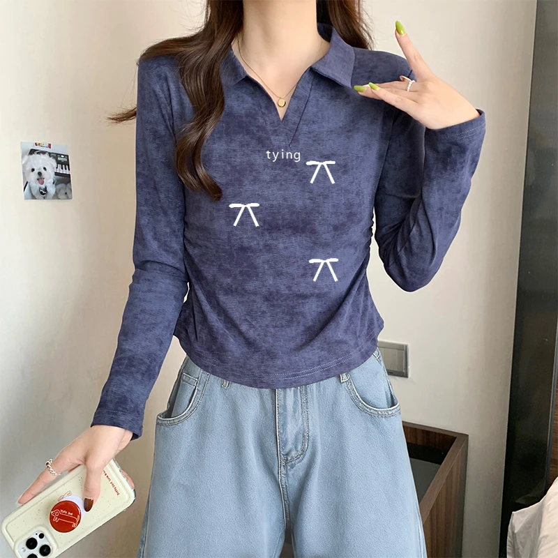polo翻领正肩扎染长袖女t恤秋季褶皱弧形下摆显瘦修身打底衫上衣