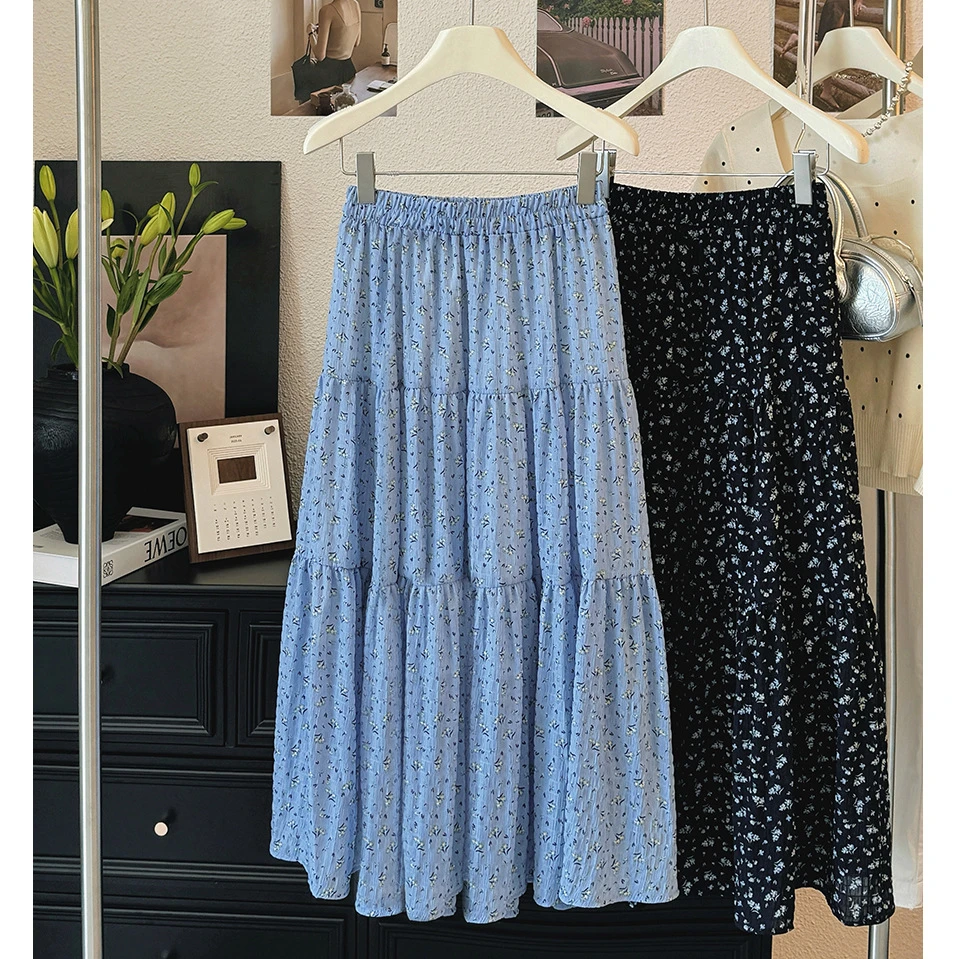 温柔风拼接碎花大摆半身裙女夏季甜美泡泡纱雪纺裙a字蛋糕裙伞裙