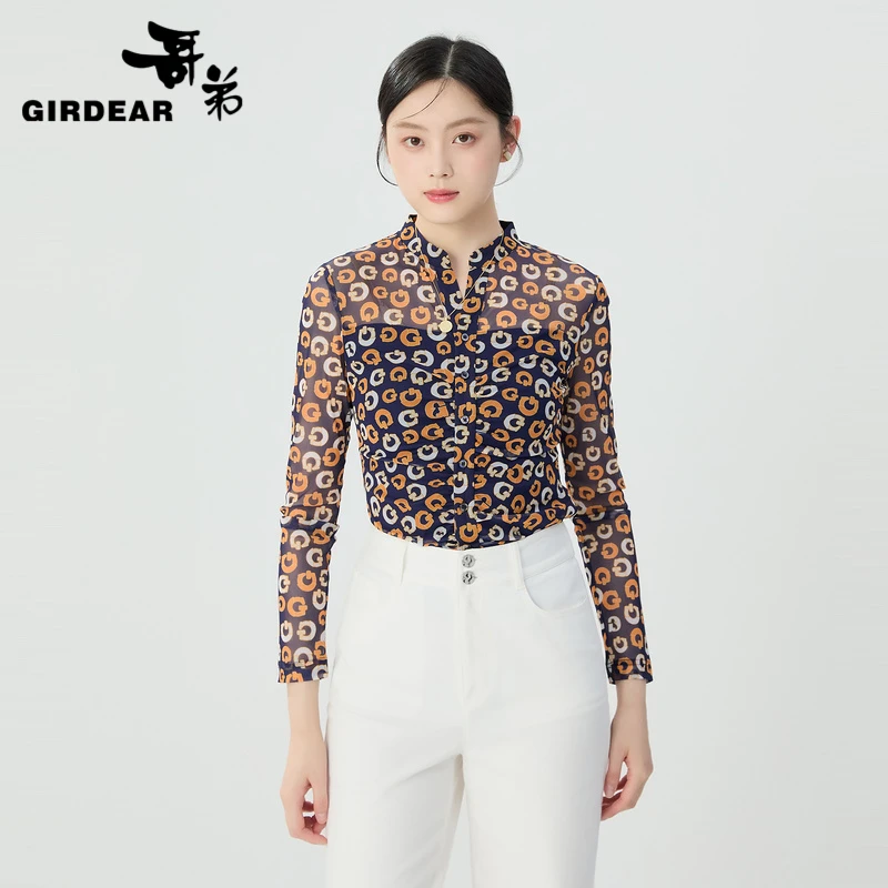 GIRDEAR/哥弟新款气质百搭印花字母白春秋森复冰丝白衬衫
