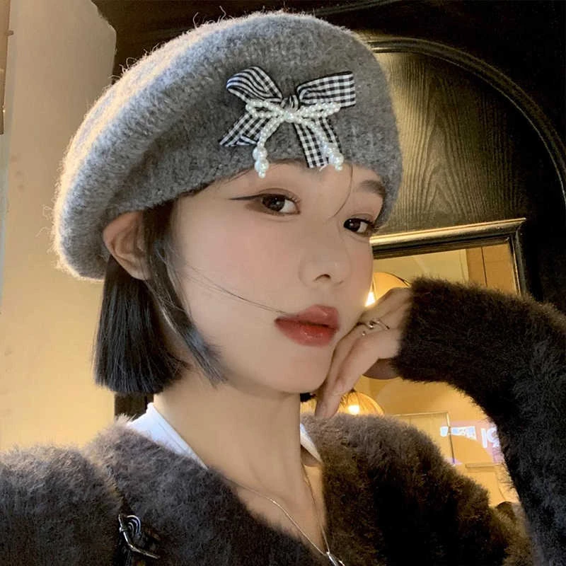 韩版甜美帽子女蝴蝶结贝雷帽秋冬保暖针织帽大头围休闲百搭毛线帽