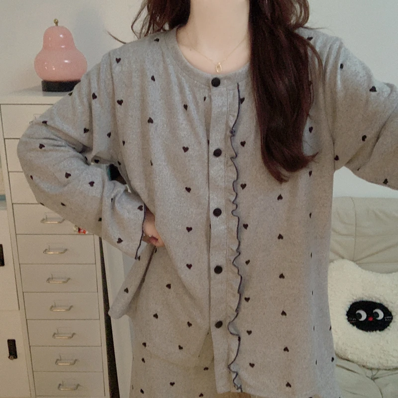 【秋冬洋绒】加厚睡衣女2025新款长袖韩系木耳甜美灰爱心家居服套装