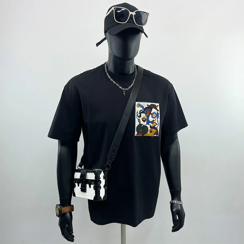 抽象刺绣贴布口袋短袖T恤男2025夏季新款潮牌宽松纯棉重磅打底衫