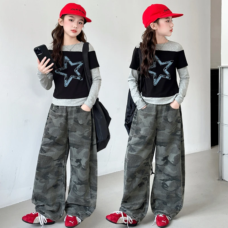女童秋季2025新款假两件星星印花上衣百搭休闲阔腿裤子潮流两件套