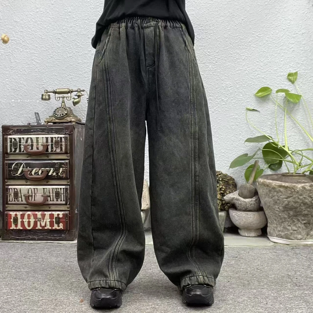 2010复古蓝加绒两条竖线炒色牛仔休闲裤（长100臀围132脚口56
