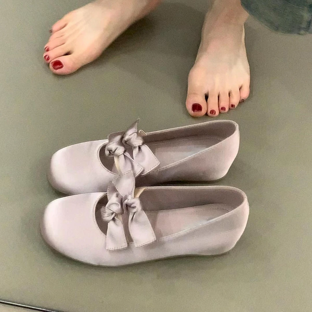 羊皮版~法式温柔气质蝴蝶结浅口小单鞋女平底绸缎面圆头芭蕾舞鞋
